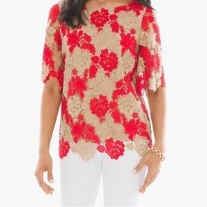 Chico’s Lace Tunic Top Short Sleeve Size 0 Floral Red & Beige Lined